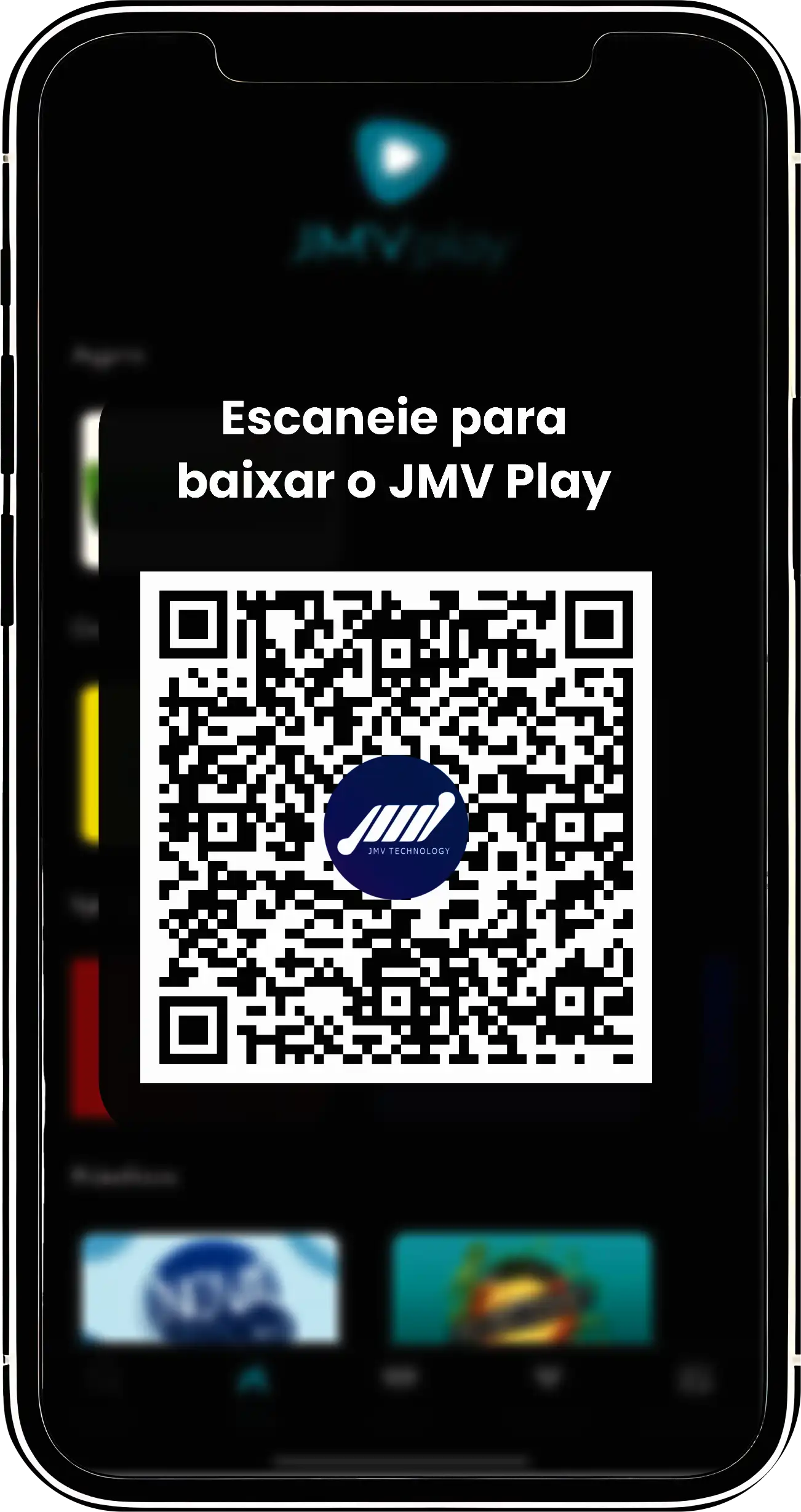 Mockup do aplicativo JMV Play exibido em um smartphone, mostrando a interface do app de TV e rádio ao vivo
